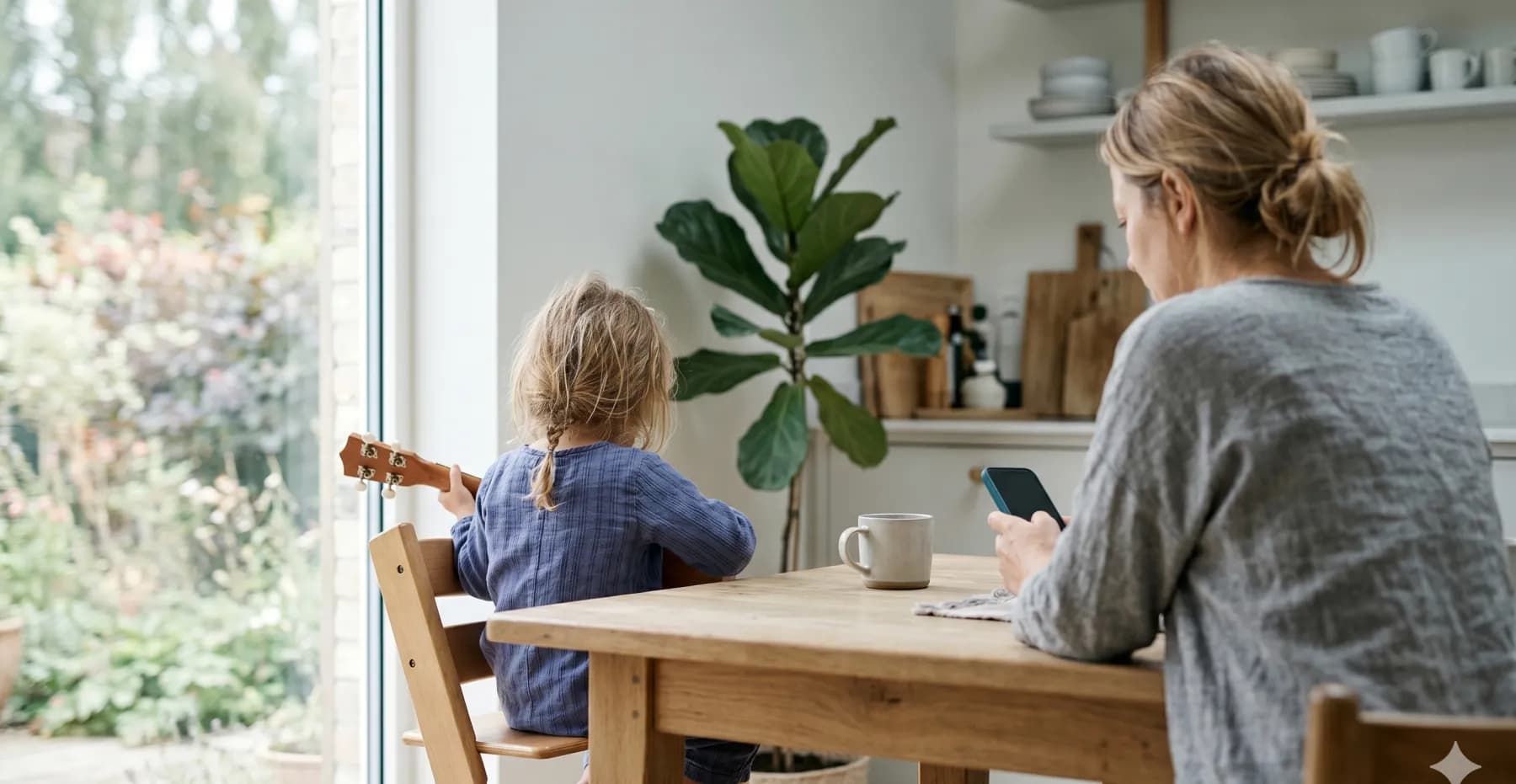 Förälder och barn vid köksbordet — barnet med en liten gitarr, föräldern på mobilen