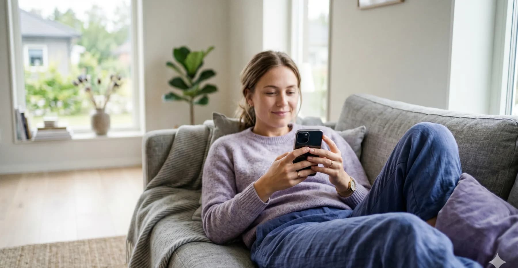 Person som bokar tid i mobilen, avslappnad i soffan hemma